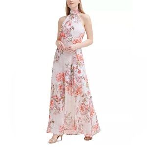 Eliza J Floral Print Chiffon Gown Pink Long Maxi Dress Formal Halter Sz 4 NEW